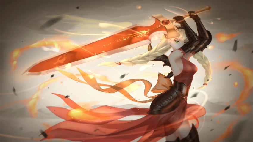 1girl, armor, armpits, arms_up, bare_shoulders, blonde_hair, boots, braid, breasts, commentary_request, dress, elbow_gloves, fire_valkyrie_(p&amp;d), gauntlets, gloves, green_eyes, highres, holding, holding_weapon, huge_weapon, long_hair, puzzle_&amp;_dragons, red_dress, sleeveless, sleeveless_dress, solo, sword, thigh-highs, thigh_boots, tiara, tsuruki_noki, twin_braids, valkyrie, valkyrie_(p&amp;d), weapon