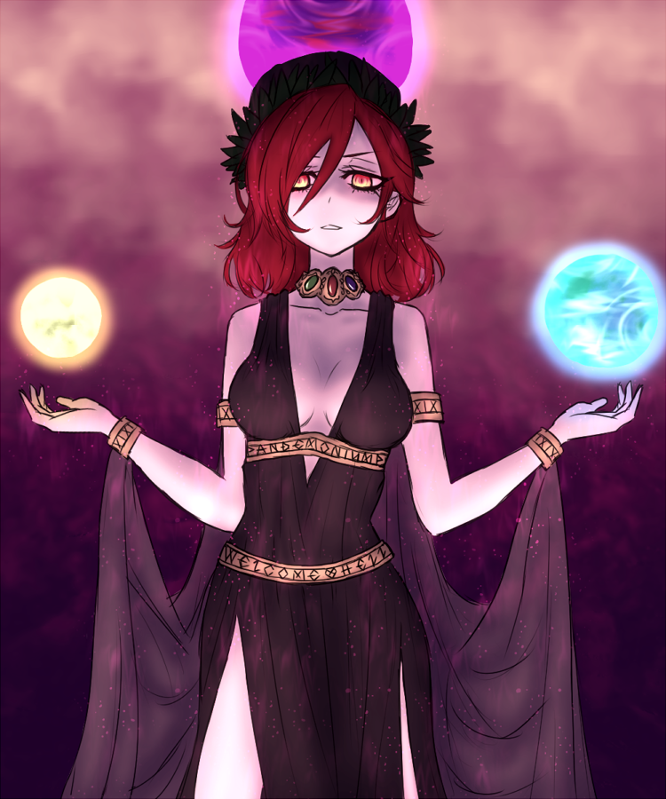 1girl, alternate_costume, armlet, bangle, bare_shoulders, bracelet, breasts, choker, cleavage, collarbone, cowboy_shot, dress, earth, earth_(ornament), english, expressionless, gem, goddess, hecatia_lapislazuli, jewelry, looking_at_viewer, miata_(pixiv), moon, moon_(ornament), necklace, open_mouth, orb, pale_skin, parted_lips, polos_crown, red_eyes, redhead, roman_clothes, shaded_face, shawl, side_slit, solo, thighs, toga, touhou, triangle_mouth, v-neck, when_you_see_it, yellow_eyes
