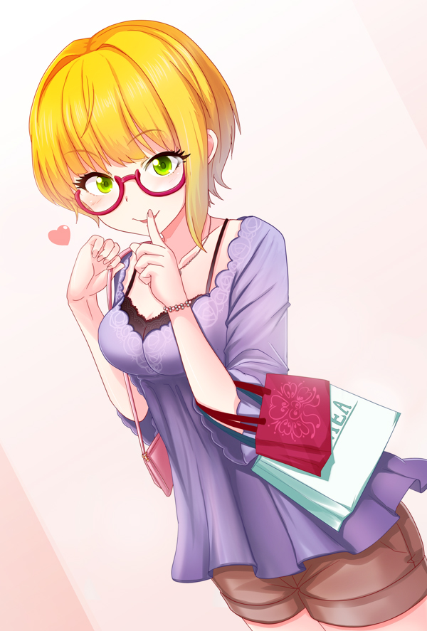 1girl, bag, bespectacled, blonde_hair, blush, finger_to_mouth, glasses, handbag