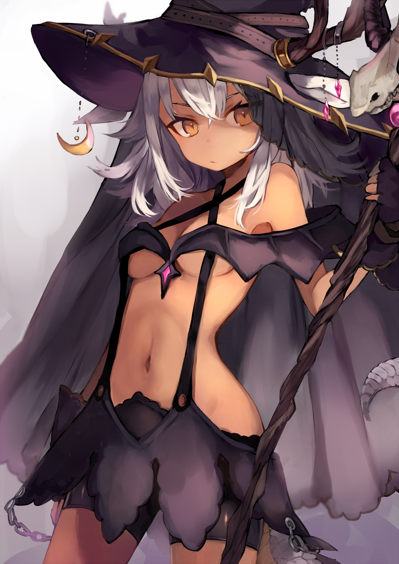 1girl, armpits, bare_shoulders, bike_shorts, black_hat, black_shorts, breasts, brown_eyes, closed_mouth, cowboy_shot, crescent, criss-cross_halter, halter_top, halterneck, haruka_(reborn), hat, holding_staff, horns, long_hair, looking_at_viewer, midriff, navel, original, purple_skirt, revealing_clothes, shorts, shorts_under_skirt, silver_hair, skirt, skull, slit_pupils, small_breasts, solo, stomach, suspender_skirt, suspenders, teeth, under_boob, witch_hat