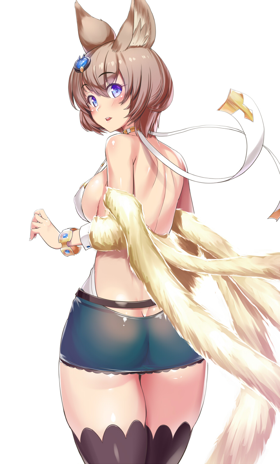 1girl, animal_ears, ass, bangs, bare_back, bare_shoulders, belt, blue_eyes