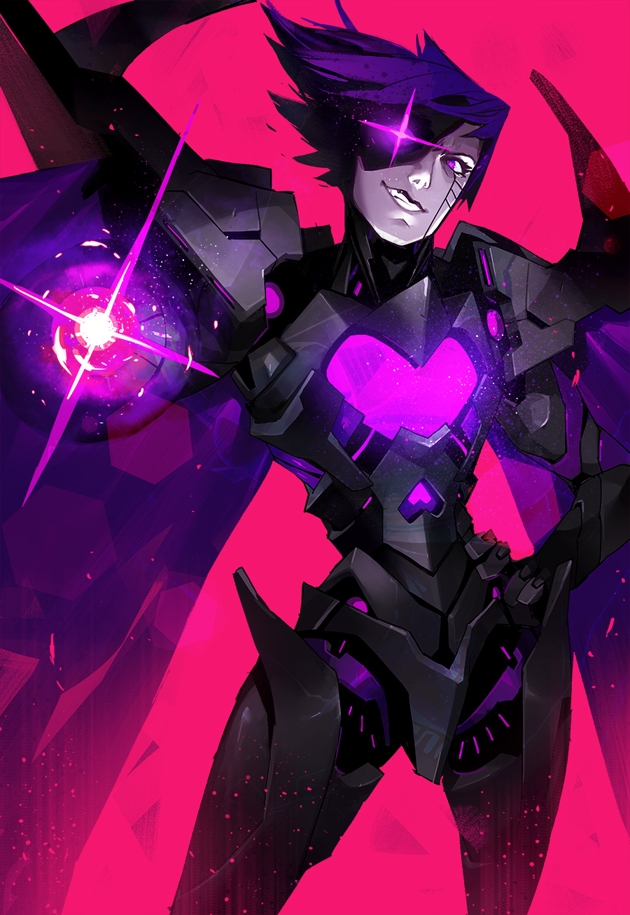 1boy, androgynous, android, arm_cannon, bad_id, black_hair, colored_skin, cowboy_shot