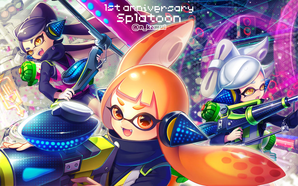 +_+, 3girls, artist_name, bike_shorts, black_hair, callie_(splatoon), domino_mask, eyebrows, fangs, headgear, hero_charger_(splatoon), hero_roller_(splatoon), hero_shot_(splatoon), ink_tank_(splatoon), inkling, inkling_girl, long_hair, marie_(splatoon), mask, mole, mole_under_eye, multiple_girls, n_kamui, open_mouth, orange_eyes, orange_hair, short_hair, silver_hair, splatoon, splatoon_(series), squidbeak_splatoon, symbol-shaped_pupils, tentacle_hair, tentacles, thick_eyebrows, yellow_eyes