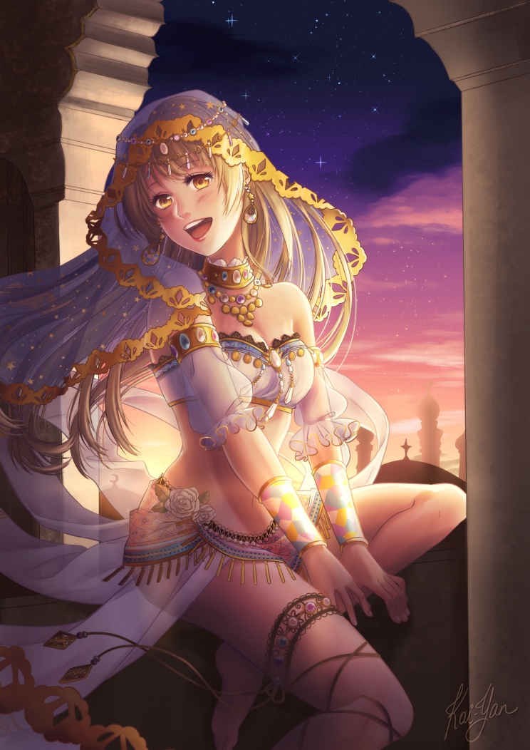 1girl, :d, arabian_clothes, armlet, bandeau, bangs, bare_shoulders, barefoot