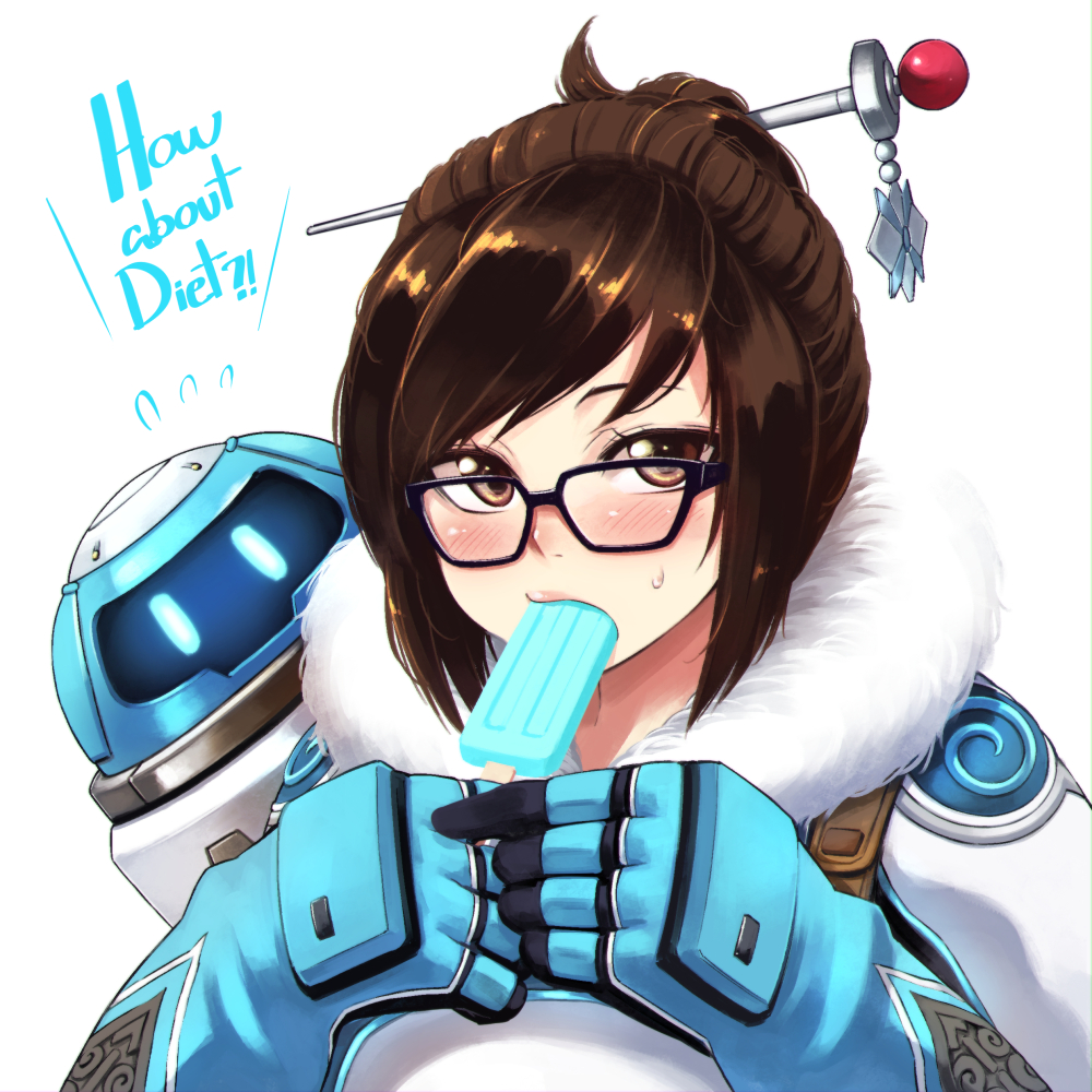1girl, alphy, black-framed_glasses, blue_gloves, blue_ice_cream, blush, blush_stickers, brown_eyes, brown_hair, canister, coat, eating, english, flying_sweatdrops, food, fur, fur_collar, fur_trim, glasses, gloves, gun, hair_bun, hair_ornament, hairpin, handgun, hands_up, holding, holding_gun, holding_weapon, ice_cream, lipstick, long_sleeves, makeup, mei_(overwatch), mouth_hold, overwatch, pink_lips, popsicle, short_hair, sidelocks, solo, sweatdrop, upper_body, weapon