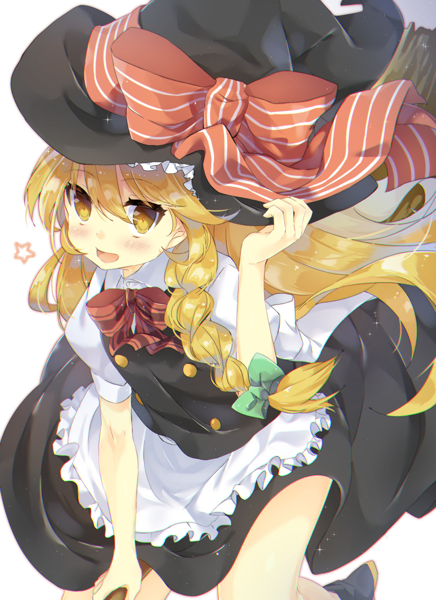 1girl, absurdres, apron, blonde_hair, blush, bow, braid, broom