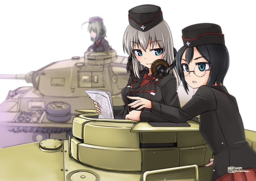 3girls, artist_name, backlighting, black_hair, blurry, dated, depth_of_field, garrison_cap