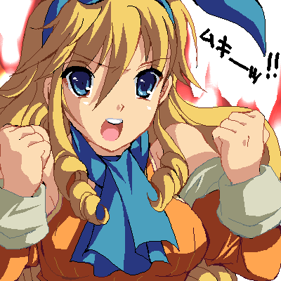 1girl, blonde_hair, blue_eyes, bow, breasts, calamity_jane, detached_sleeves, dress