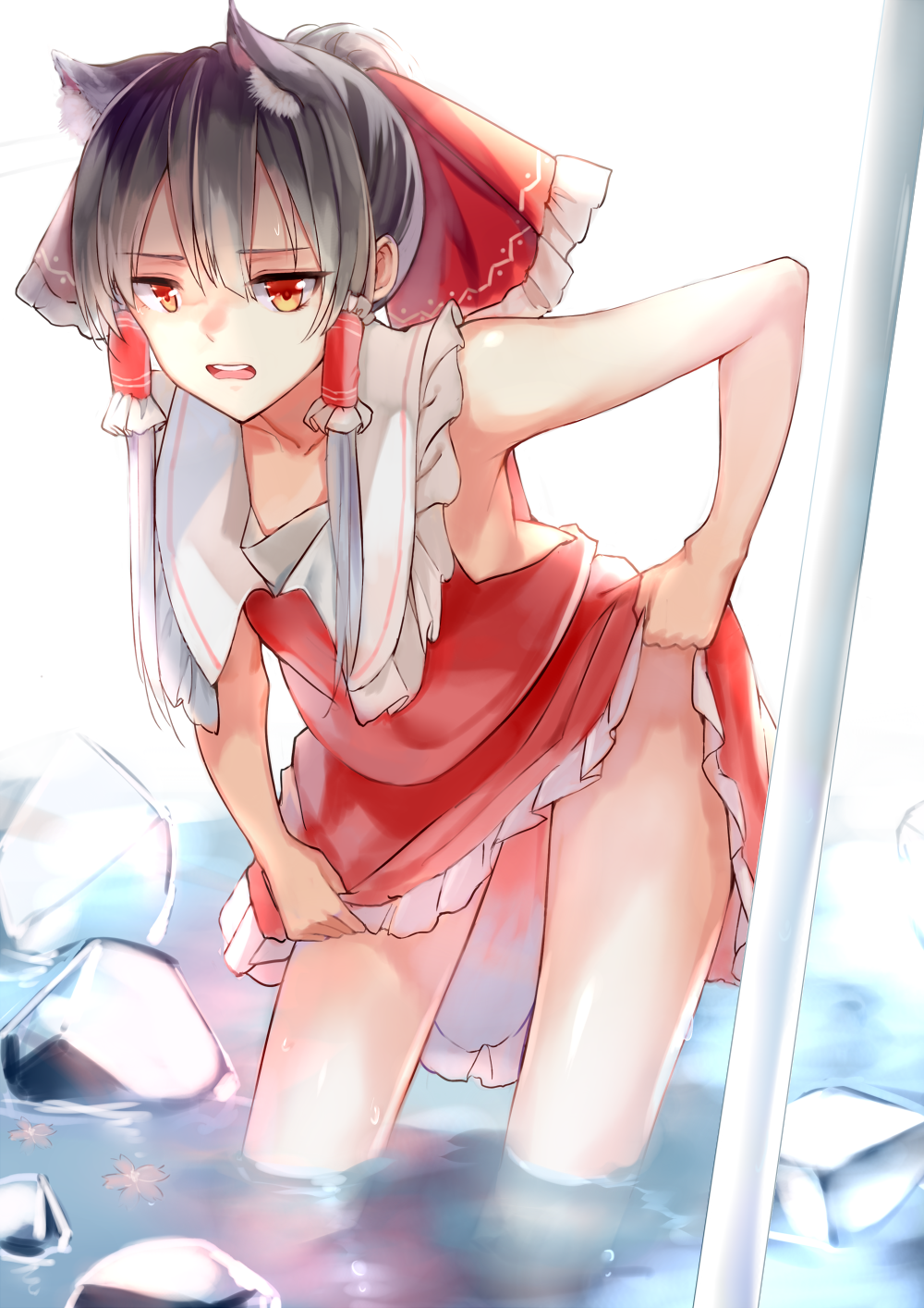 1girl, animal_ears, bent_over, black_hair, cat_ears, hair_bun, hair_ribbon, hair_tubes