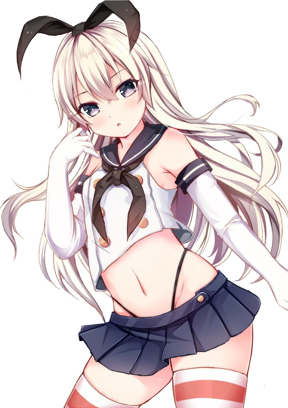 1girl, :o, bare_shoulders, black_panties, crop_top, elbow_gloves, gloves, groin