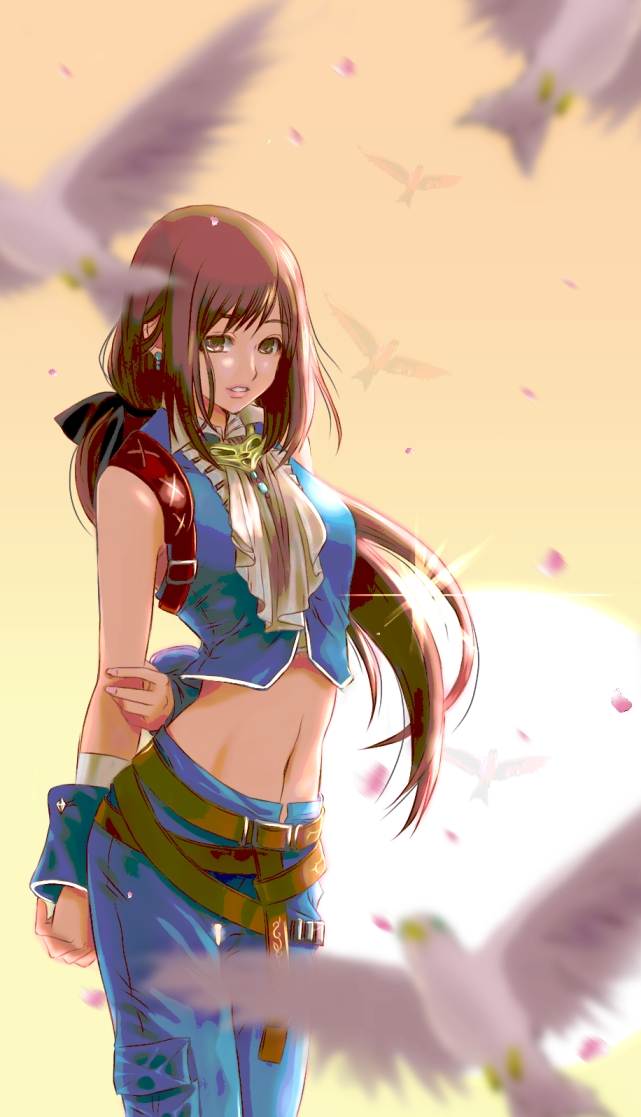 1girl, black_hair, breasts, brown_eyes, denim, final_fantasy, final_fantasy_ix, garnet_til_alexandros_xvii, gloves, holixholi, long_hair, looking_at_viewer, low-tied_long_hair, midriff, navel, short_hair, shorts, smile, solo, zidane_tribal, zidane_tribal_(cosplay)