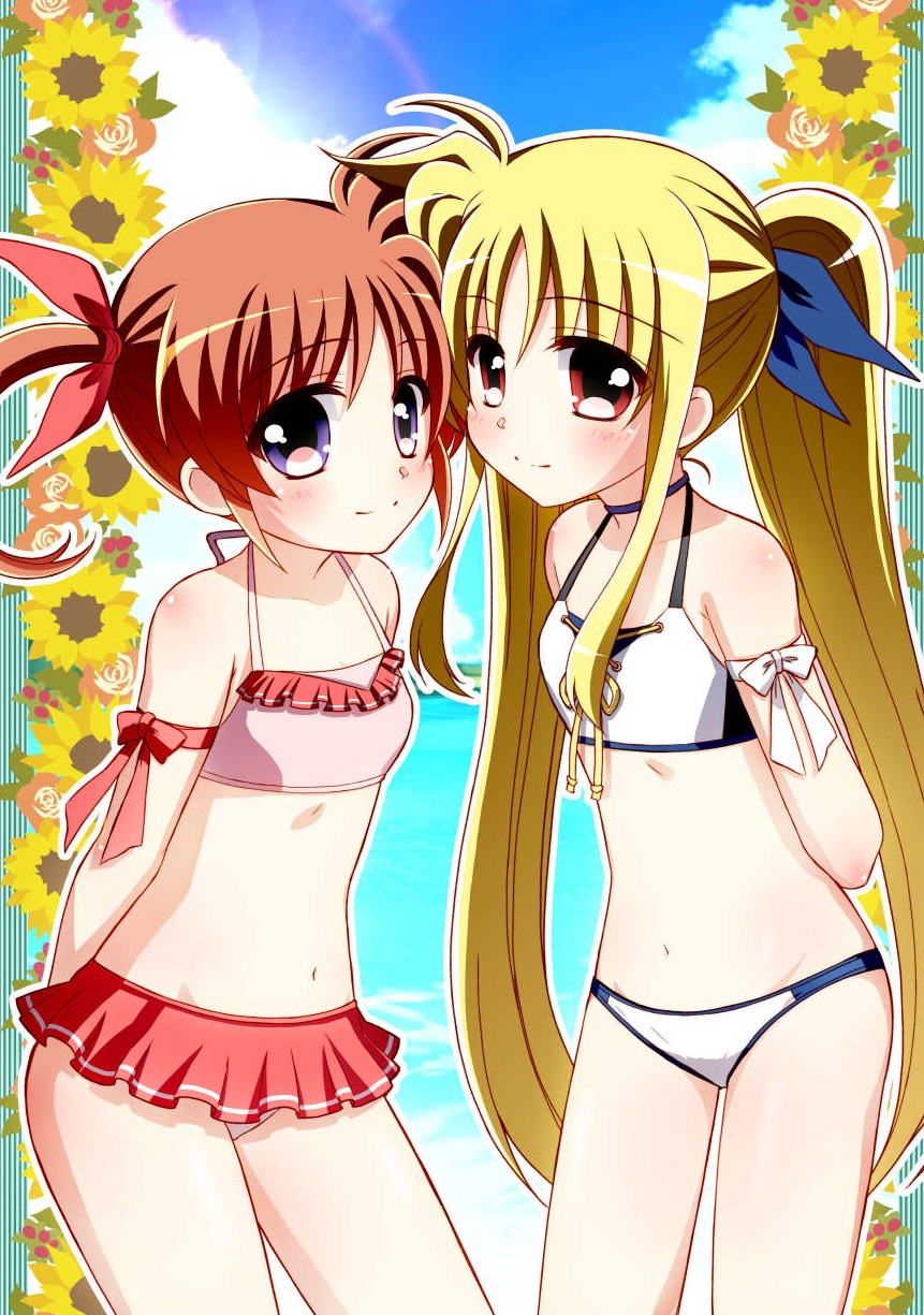 2girls, bikini, blonde_hair, blue_eyes, brown_hair, fate_testarossa, highres, kohaku_(kohagura)