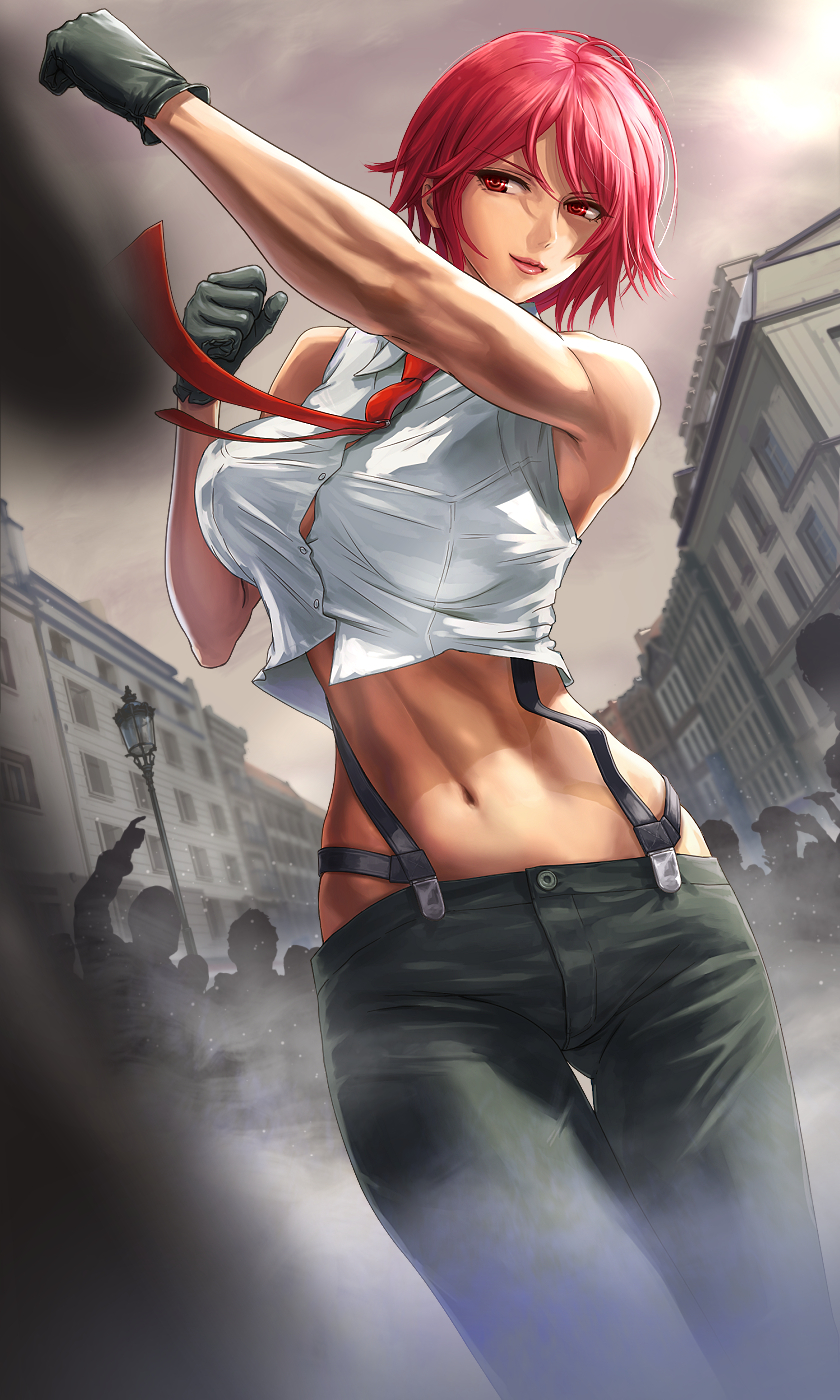 1girl, breasts, gloves, highres, l.g_(greenforce1), large_breasts, lips, lipstick, makeup, midriff, navel, necktie, pants, red_eyes, redhead, shirt, short_hair, sleeveless, snk, solo, suspenders, the_king_of_fighters, vanessa_(king_of_fighters)