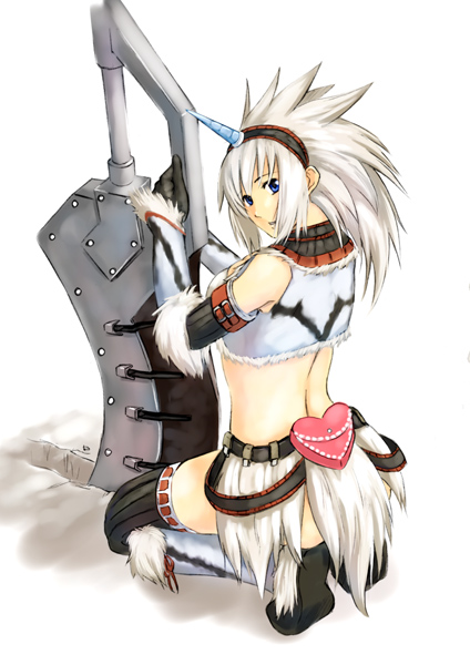ganjyuui, ganzyu_i, hairband, heart, horn, horns, kirin, kirin_(armor), kneeling, midriff, monster_hunter, sword, thigh-highs, thighhighs, weapon, white_hair