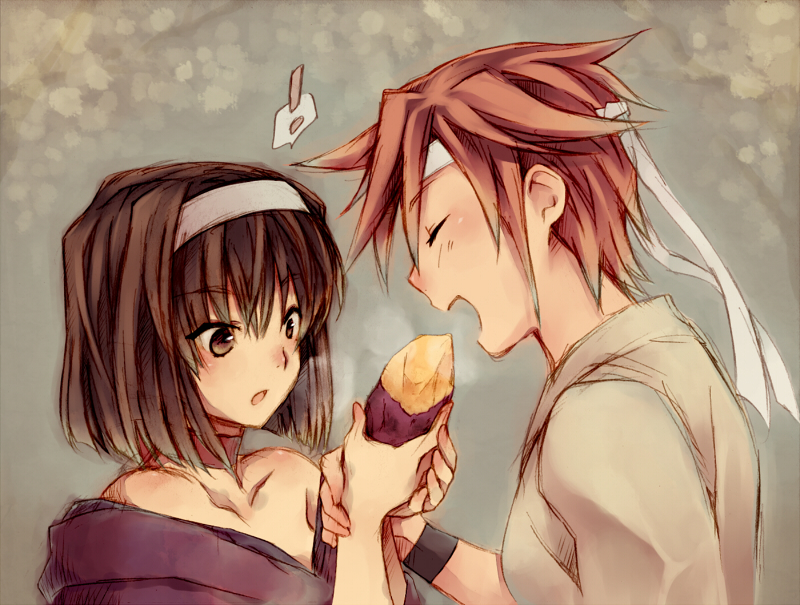 !, 2girls, bare_shoulders, brown_eyes, brown_hair, choker, closed_eyes, collarbone