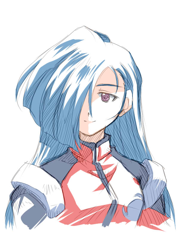 1girl, facing_viewer, hair_over_one_eye, jacket, kidou_senkan_nadesico, light_smile, logo, long_hair, looking_at_viewer, maki_izumi, shimanda, simple_background, sketch, solo, upper_body, violet_eyes, white_background