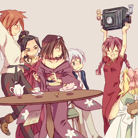 6+girls, 8|, ^_^, ^o^, antique_camera, arms_behind_head, arms_up, black_hair, blonde_hair, blue_eyes, bow, braid, brown_eyes, brown_hair, bumping, camera, chair, china_dress, chinese_clothes, choker, closed_eyes, cookie, cup, curly_hair, dougi, dress, facing_viewer, falling, floral_print, food, glasses, green_eyes, grey_hair, hair_bow, hairband, iris_chateaubriand, japanese_clothes, jewelry, kanzaki_sumire, kimono, kirishima_kanna, lavender_background, leni_milchstrasse, looking_at_another, looking_to_the_side, magazine, multiple_girls, necklace, panicking, pants, pink_bow, plate, purple_hair, red_dress, red_ribbon, redhead, reverse_trap, ri_kouran, ribbon, ribbon_choker, sakura_taisen, saucer, scared, shirt, short_hair, simple_background, soletta_orihime, spiky_hair, spilling, standing, strapless, strapless_dress, stuffed_animal, stuffed_toy, table, teacup, teapot, teddy_bear, tranquillo_barnetta, twin_braids, wato