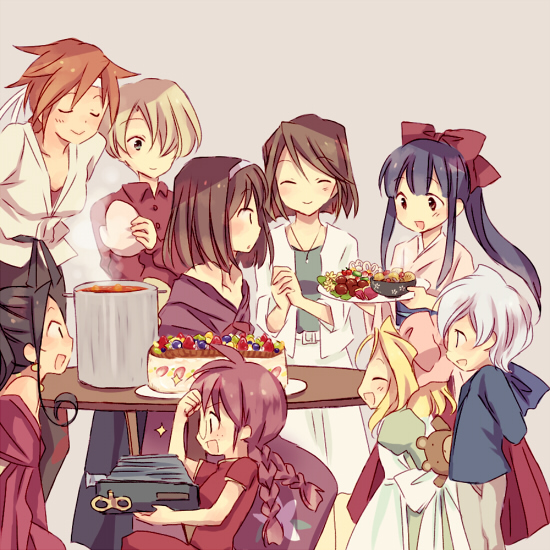 6+girls, ^_^, ^o^, antique_camera, arms_behind_back, black_hair, blonde_hair, blue_eyes
