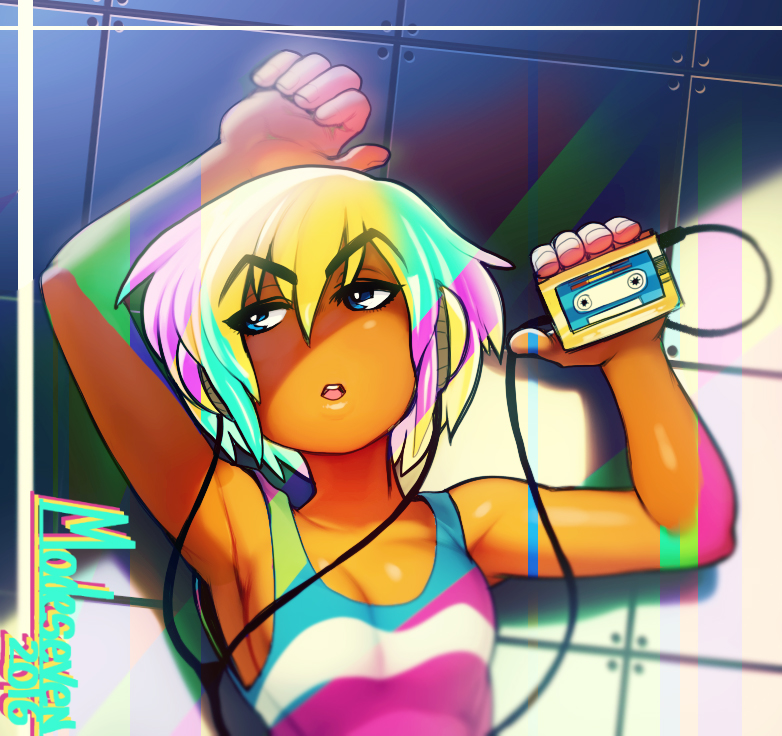 1girl, 80s, against_wall, ami_dixie, blonde_hair, blue_eyes, breasts, cable, dark_skin, eyebrows, eyebrows_visible_through_hair, headphones, nitrotitan, no_bra, oldschool, original, short_hair, sideboob, small_breasts, solo, tank_top, walkman