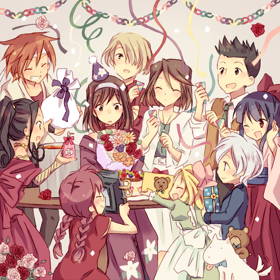 1boy, 6+girls, ^.^, ^_^, ^o^, antique_camera, birthday_party, black_hair, blonde_hair, blue_eyes, blush, bottle, bouquet, bow, braid, brown_eyes, brown_hair, cake, camera, china_dress, chinese_clothes, closed_eyes, confetti, covering_ears, curly_hair, dougi, dress, earrings, flower, food, freckles, fujieda_kaede, gift, glasses, grey_hair, hair_bow, hairband, hakama, hat, holding_plate, iris_chateaubriand, japanese_clothes, jewelry, kanzaki_sumire, kimono, kirishima_kanna, lavender_background, leni_milchstrasse, looking_down, maria_tachibana, meiji_schoolgirl_uniform, multiple_girls, necklace, obi, oogami_ichirou, pants, paper_chain, party_hat, party_popper, perfume_bottle, pink_bow, plate, pot, presenting, purple_hair, red_bow, red_dress, red_shirt, redhead, reverse_trap, ri_kouran, riding, sack, sakura_taisen, sash, shinguuji_sakura, shirt, short_hair, simple_background, sitting, skirt, snack, soletta_orihime, soup, spiky_hair, steam, strapless, strapless_dress, stuffed_animal, stuffed_toy, surprised, table, tail_wagging, taking_picture, teddy_bear, tranquillo_barnetta, twin_braids, vest, wato