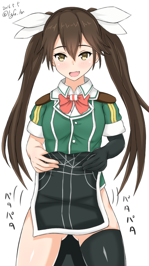 1girl, :d, asymmetrical_legwear, blush, brown_eyes, brown_hair, dated, hair_between_eyes
