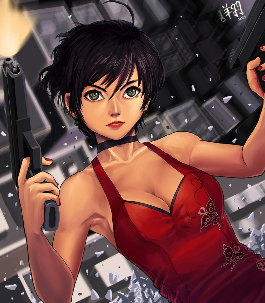 1girl, ada_wong, ahoge, black_hair, breasts, broken_glass, choker, cleavage
