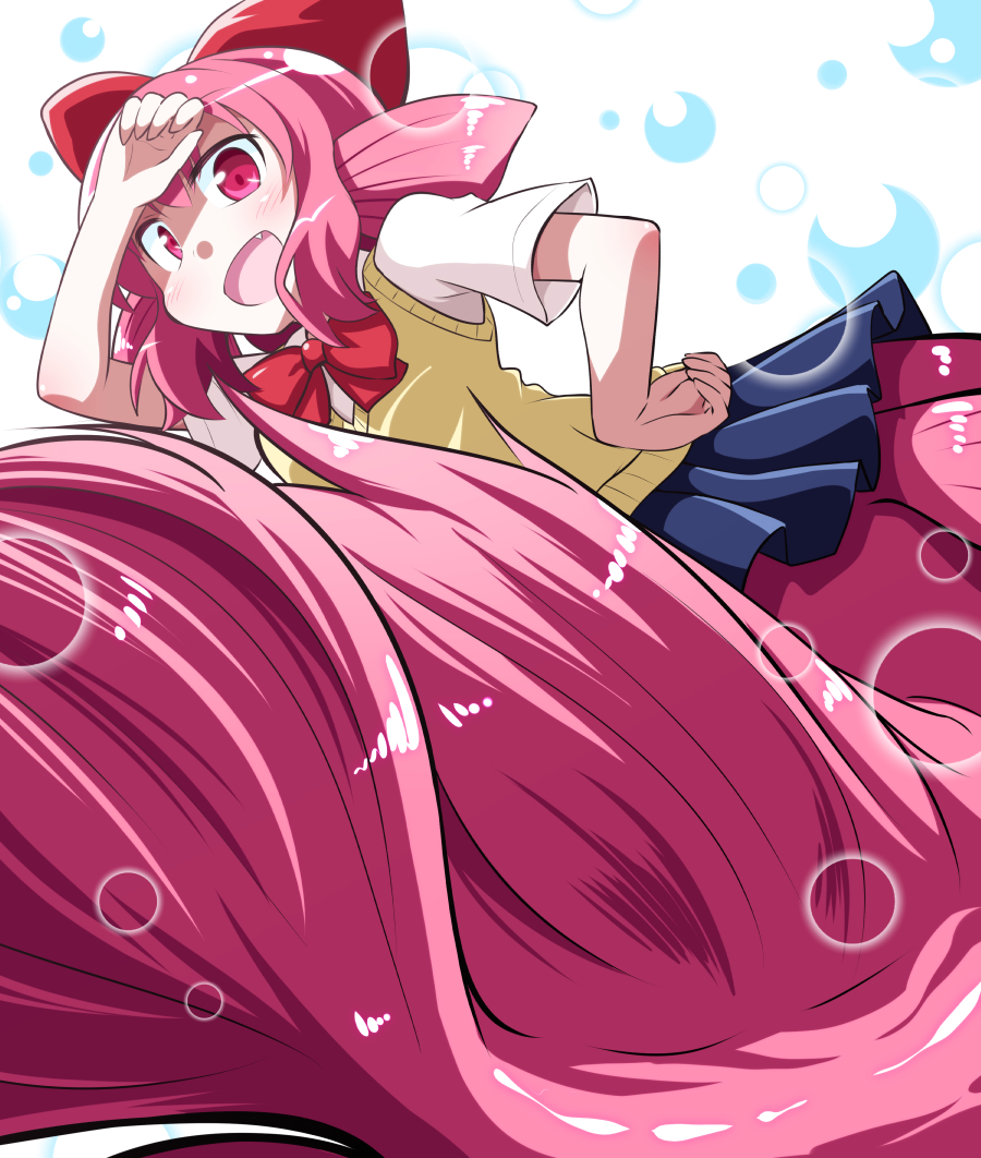 1girl, bow, bowtie, bubble, fang, fins, fish_girl, fish_tail, hair_bow, hand_on_forehead, hand_on_hip, head_fins, mermaid, monster_girl, obyaa, open_mouth, pink_eyes, pink_hair, shinkaigyo_no_anko-san, skirt, sweater_vest, touna_suzuki