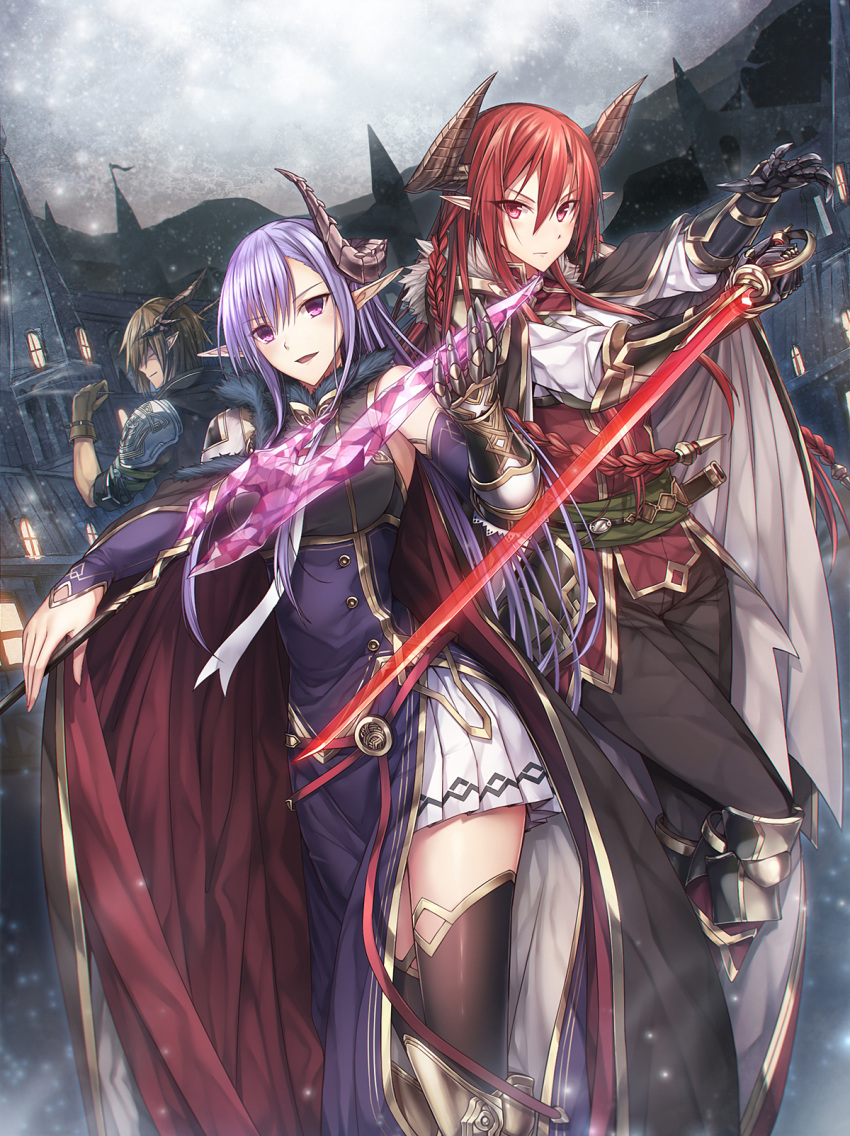1boy, 2girls, :d, armor, armored_boots, back, bangs, black_legwear, black_pants, blonde_hair, blush, boots, braid, breasts, brown_gloves, brown_hair, building, cape, closed_mouth, commentary, crystal, detached_sleeves, dress, eyebrows, eyebrows_visible_through_hair, flag, fur_trim, gauntlets, gloves, glowing, glowing_sword, glowing_weapon, grey_sky, hair_between_eyes, hair_over_eyes, highres, holding, holding_sword, holding_weapon, horns, knee_boots, large_breasts, light_particles, long_hair, looking_at_viewer, luzi, miniskirt, mountain, multiple_girls, open_mouth, original, outdoors, outstretched_arm, pants, pauldrons, pleated_skirt, pointy_ears, purple_hair, red_eyes, red_ribbon, redhead, ribbon, sash, scabbard, shade, sheath, shirt, short_sleeves, side_slit, single_gauntlet, skirt, smile, snowing, spikes, standing, sword, thigh-highs, tower, transparent_sword, transparent_weapon, twin_braids, underbust, very_long_hair, violet_eyes, weapon, white_shirt, white_skin