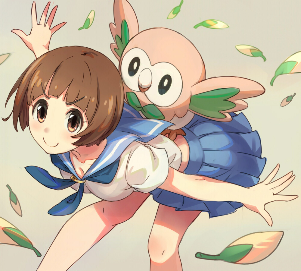 >:), 1girl, animal, animal_on_back, bent_over, blue_skirt, blush, breasts