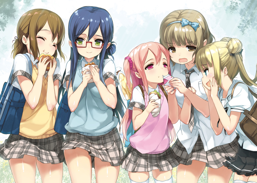 5girls, :t, ^_^, aizawa_yuu_(pan_de_peace!), bag, bangs, blonde_hair, blue_eyes