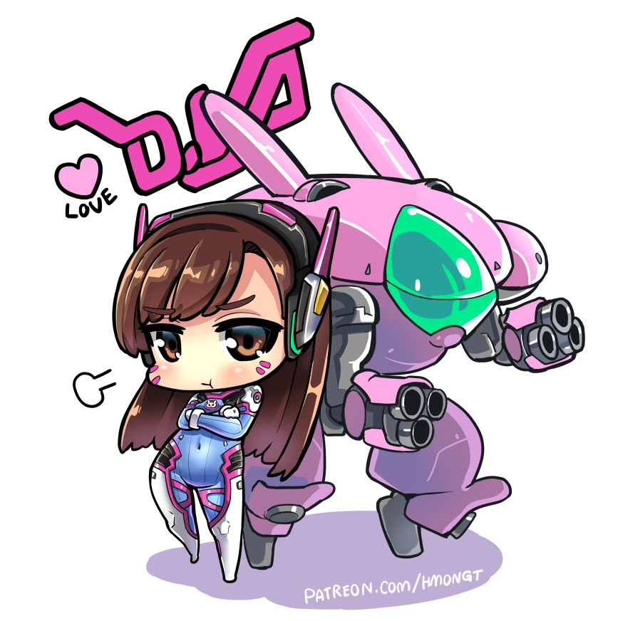 1girl, :t, bangs, blush, bodysuit, brown_eyes, brown_hair, character_name, chibi, crossed_arms, d.va_(overwatch), eyebrows, eyebrows_visible_through_hair, facial_mark, fume, headphones, heart, long_hair, looking_at_viewer, mecha, navel, overwatch, phandit_thirathon, pilot_suit, pout, skin_tight, solo, standing, swept_bangs, watermark, web_address