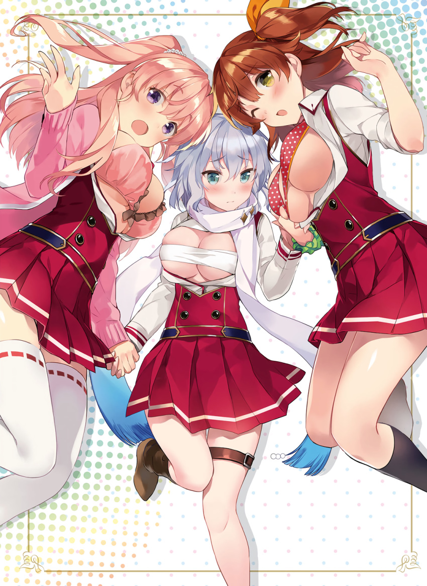 3girls, ;o, black_legwear, blue_eyes, blush, boots, bra, breasts