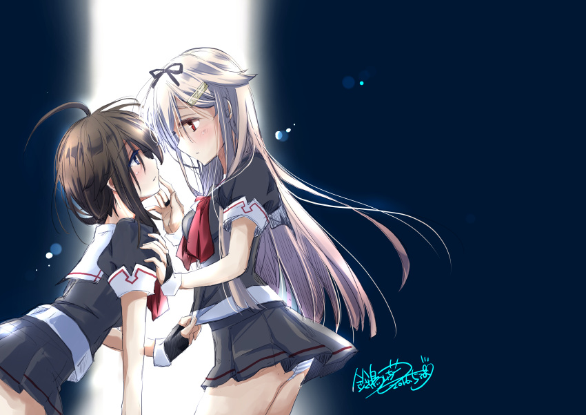 2girls, absurdres, ahoge, black_serafuku, black_skirt, blonde_hair, blue_eyes, brown_hair