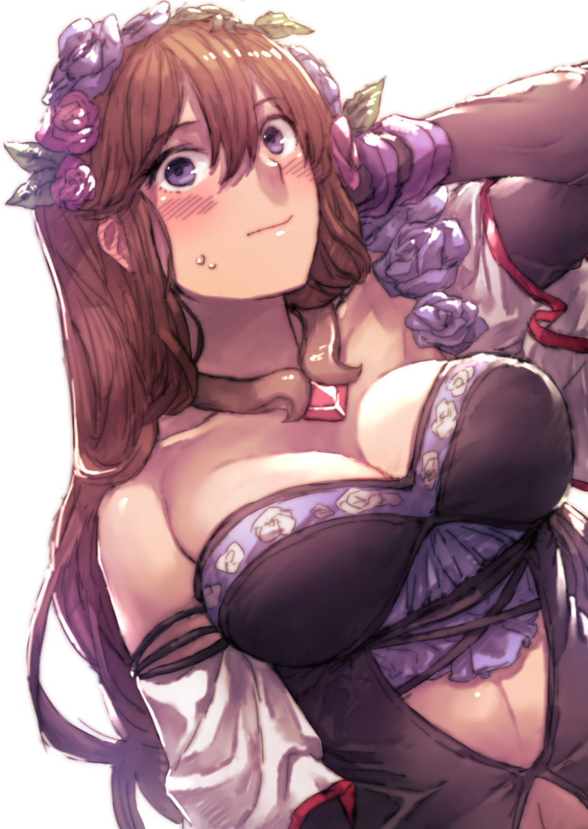 1girl, arm_behind_head, bare_shoulders, blue_eyes, blush, breasts, brown_hair, cleavage, constricted_pupils, detached_sleeves, dutch_angle, flower, granblue_fantasy, hair_flower, hair_ornament, highres, long_hair, looking_at_viewer, navel_cutout, open_mouth, rosetta_(granblue_fantasy), solo, surprised, uguisu_(pix-pix), upper_body, violet_eyes