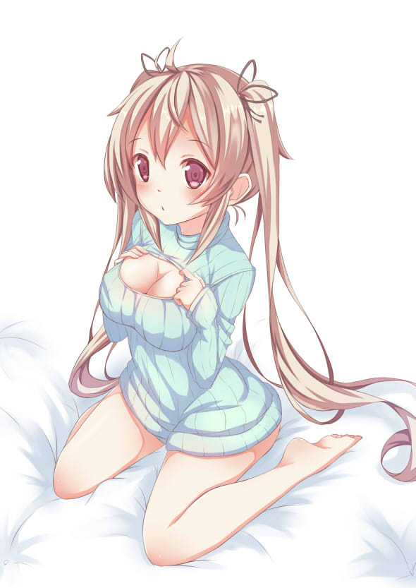 1girl, alternate_costume, bare_legs, bed_sheet, breasts, brown_eyes, from_above, full_body