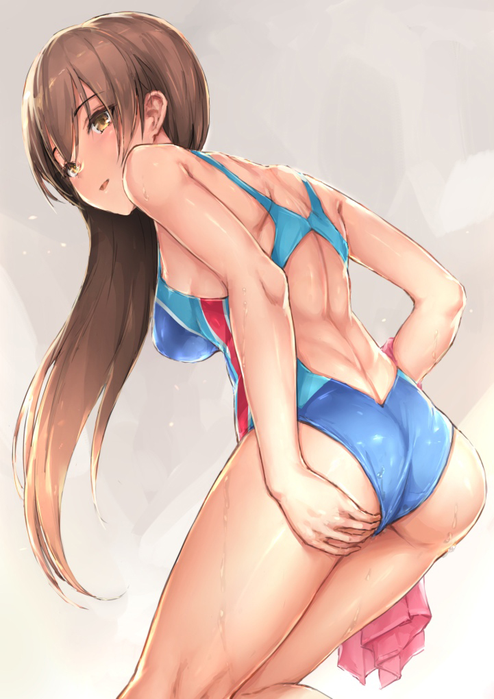 1girl, adjusting_clothes, adjusting_swimsuit, ass, back, bent_over, brown_hair, competition_swimsuit