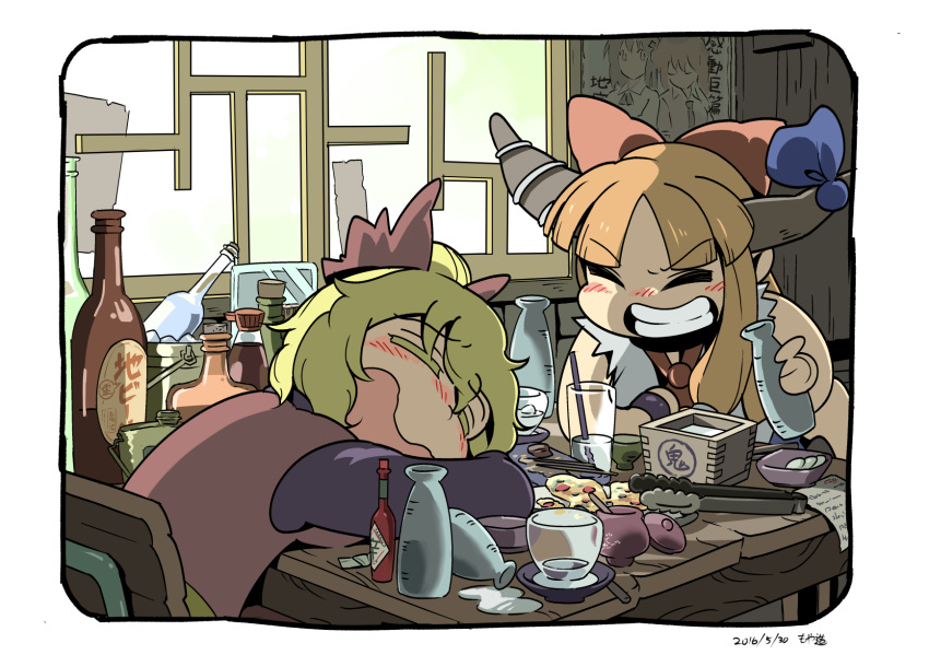 2girls, bangs, blonde_hair, blue_ribbon, blunt_bangs, blush, bottle, bow