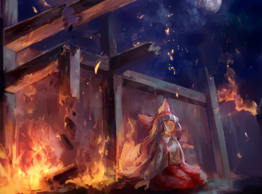 1girl, backlighting, bow, building, collared_shirt, destruction, embers, fire