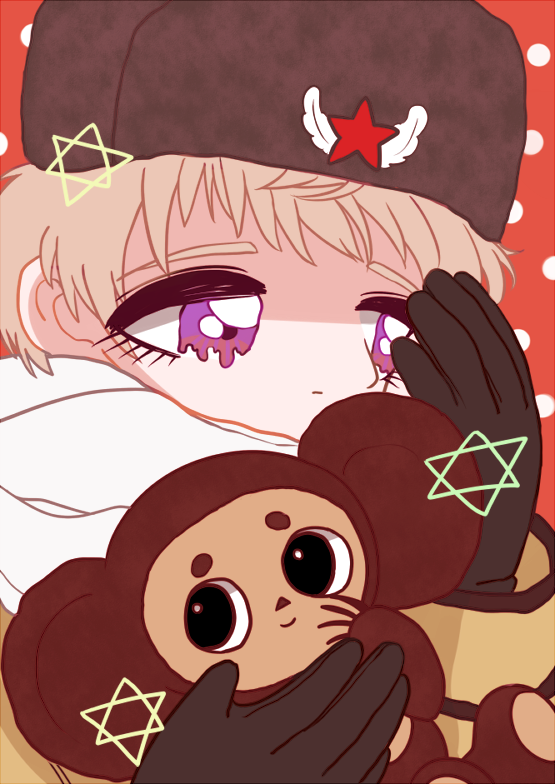 black_cap, black_gloves, black_hat, blonde_hair, cap, cheburashka, christmas, commentary