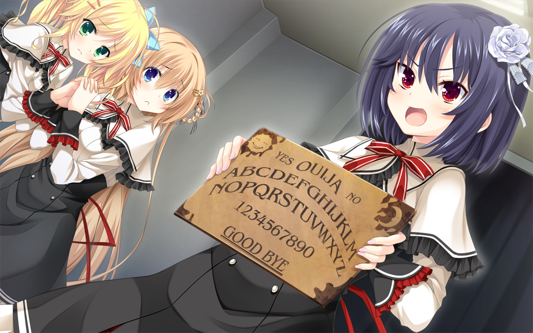 >:d, 3girls, :d, cowering, flower, game_cg, hair_flower, hair_ornament
