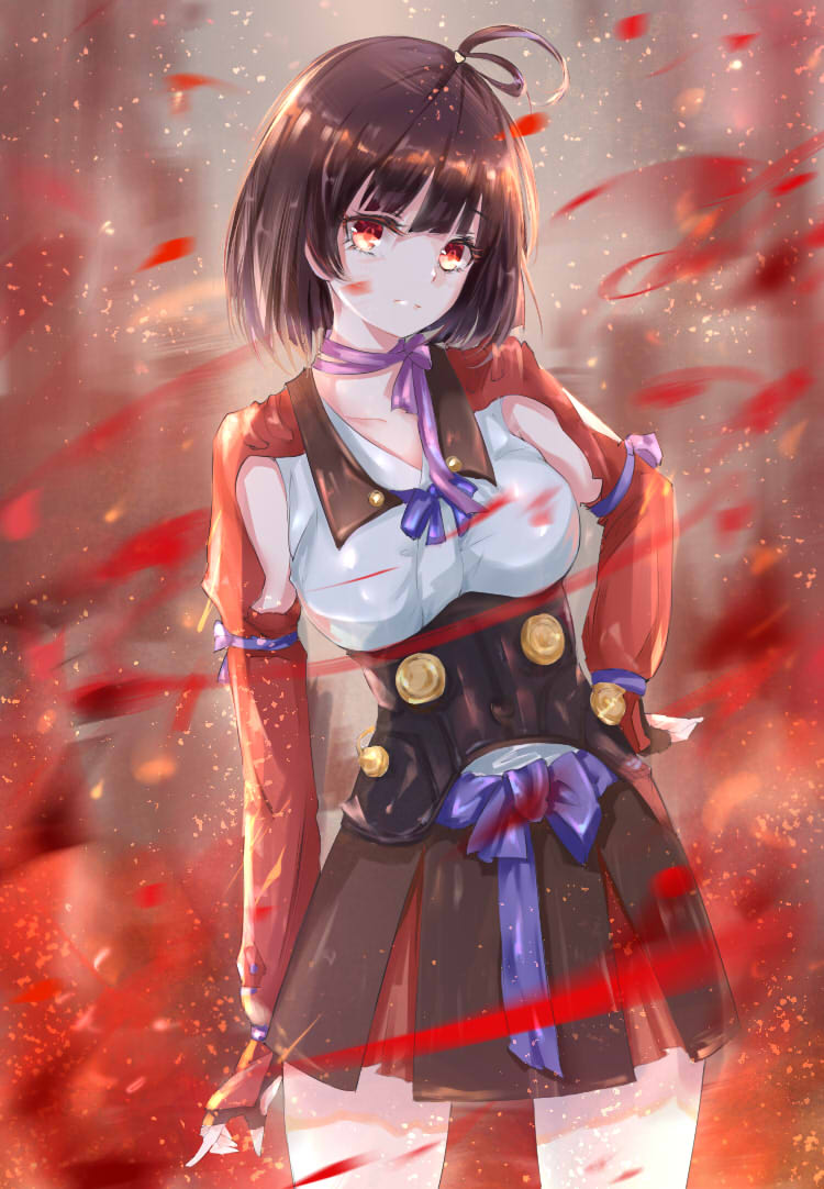 1girl, black_gloves, black_hair, fingerless_gloves, gloves, hair_ornament, hand_on_hip, koutetsujou_no_kabaneri, looking_at_viewer, mumei_(kabaneri), red_eyes, sayo, shrot_hair, skirt, solo