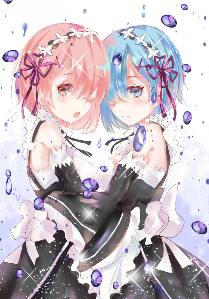 2girls, blue_eyes, blue_hair, detached_sleeves, dress, hair_ornament, hair_over_one_eye, looking_at_viewer
