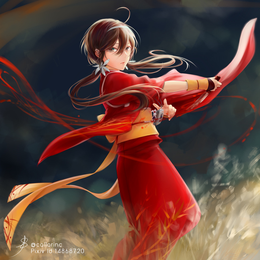 1girl, ahoge, blood, brown_eyes, brown_hair, bungou_stray_dogs, bunny_charm, callarinc