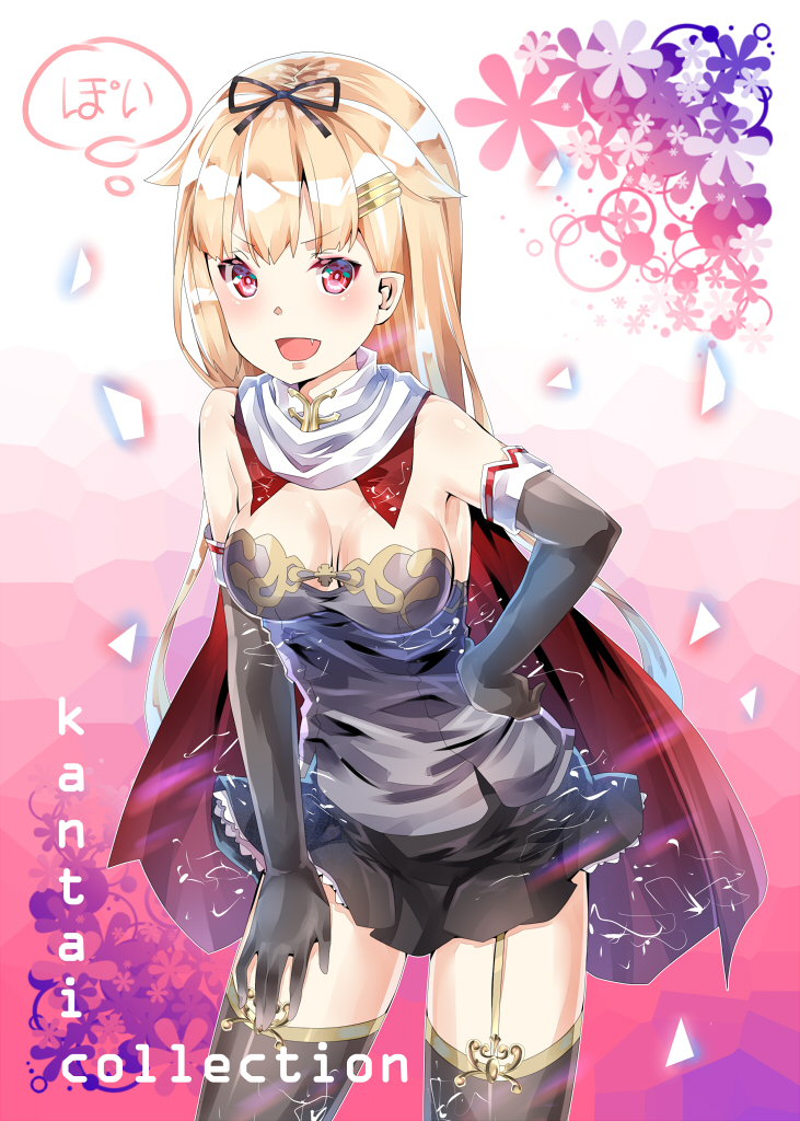 1girl, black_gloves, black_legwear, black_ribbon, blonde_hair, breasts, cleavage, copyright_name