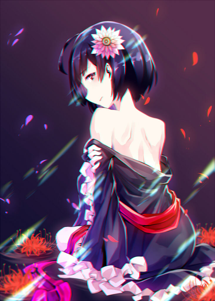 1girl, black_eyes, black_hair, flower, from_behind, hair_flower, hair_ornament, koutetsujou_no_kabaneri