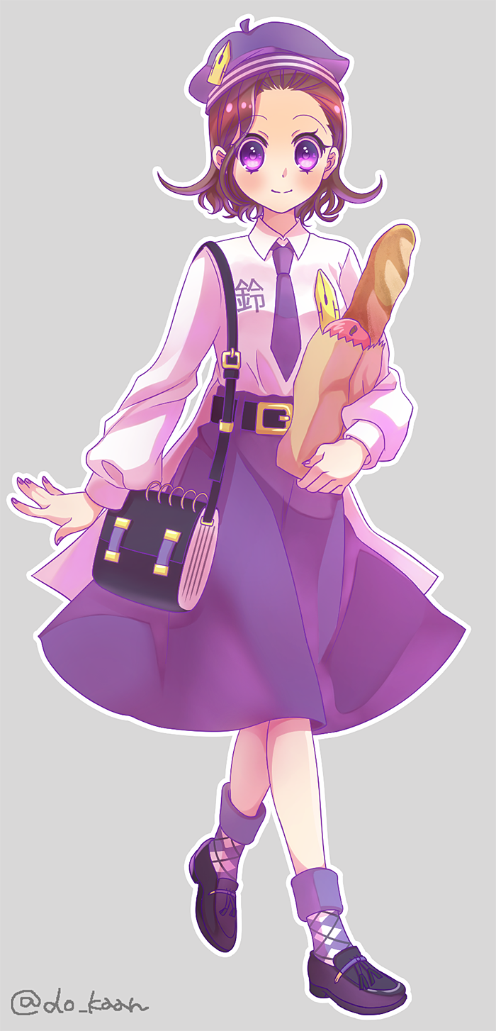 1girl, apple, argyle, argyle_legwear, bag, baguette, belt, beret, bread, brown_hair, collared_shirt, food, fruit, full_body, handbag, hat, highres, holding_bag, jojo_no_kimyou_na_bouken, nail_polish, necktie, outline, paper_bag, purple_nails, purple_skirt, riako, shirt, skirt, smile, socks, solo, sugimoto_reimi, twitter_username, violet_eyes