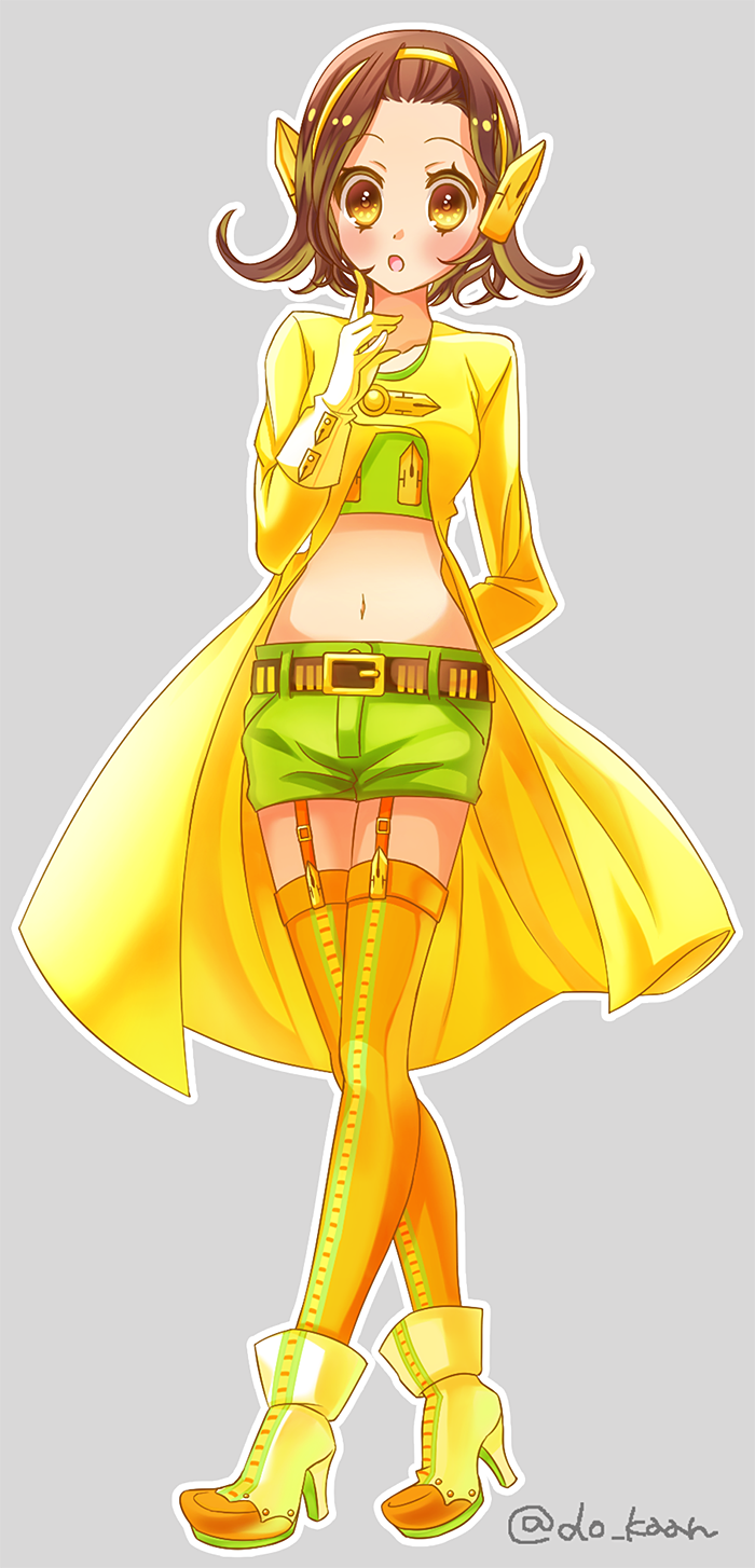 1girl, arm_behind_back, belt, brown_hair, coat, collarbone, full_body, garter_straps