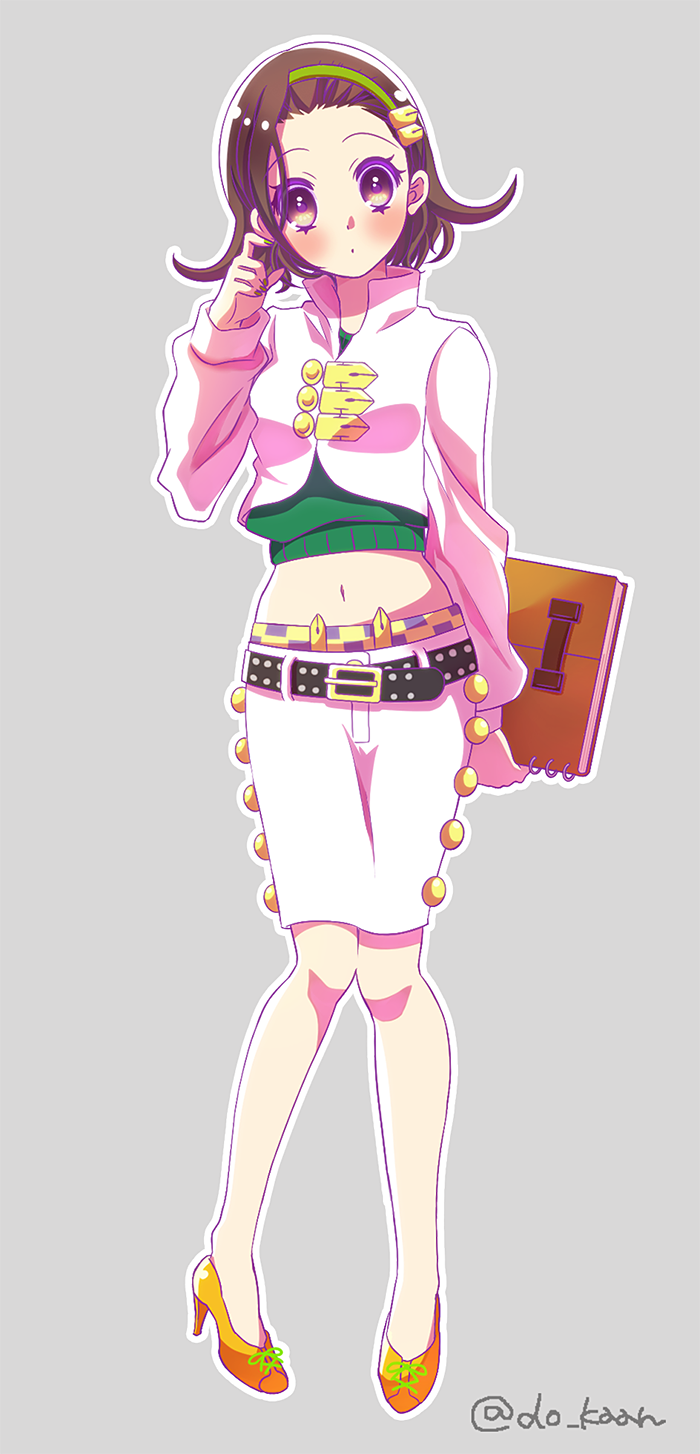 1girl, brown_eyes, brown_hair, crop_top, full_body, hairband, high_heels, highres