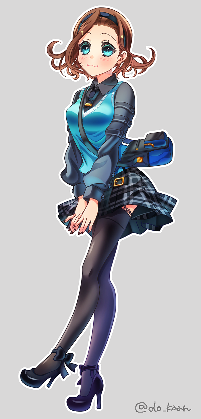 1girl, :3, aqua_eyes, bag, black_nails, bow, brown_hair, collared_shirt
