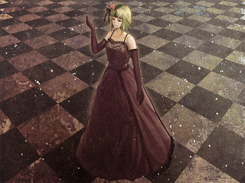 black_dress, bokuto, checkered, checkered_floor, dress, elbow_gloves, flower, formal